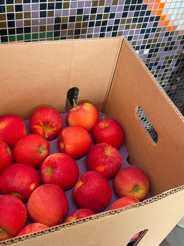 A single open carton of red apples beside a tiled wall