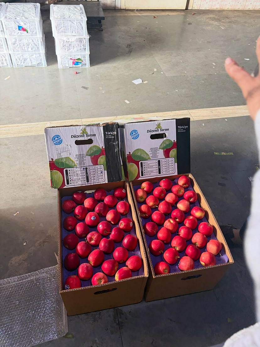 Two open apple cartons placed on a concrete floor for checking