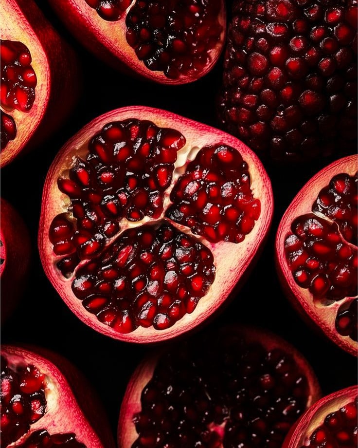 Pomegranates broken open to show the red arils inside