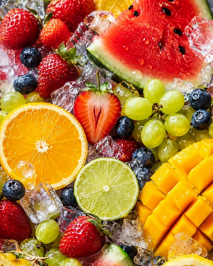 Mixed seasonal fruit on ice: watermelon, strawberries, blueberries, citrus, grapes and mango